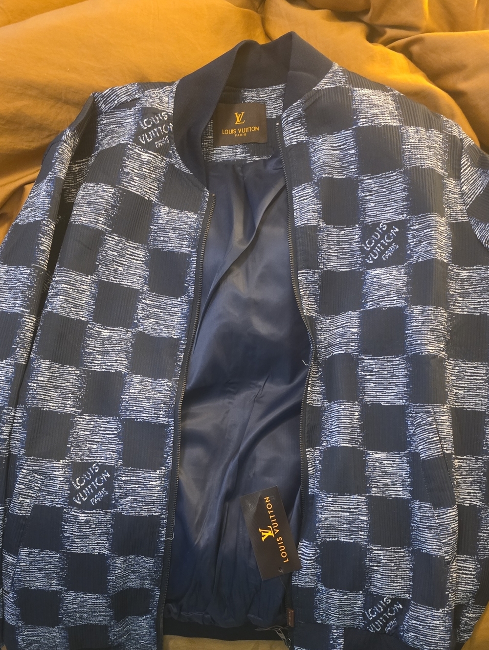 Louis Vuitton Navy and White Check Bomber Jacket